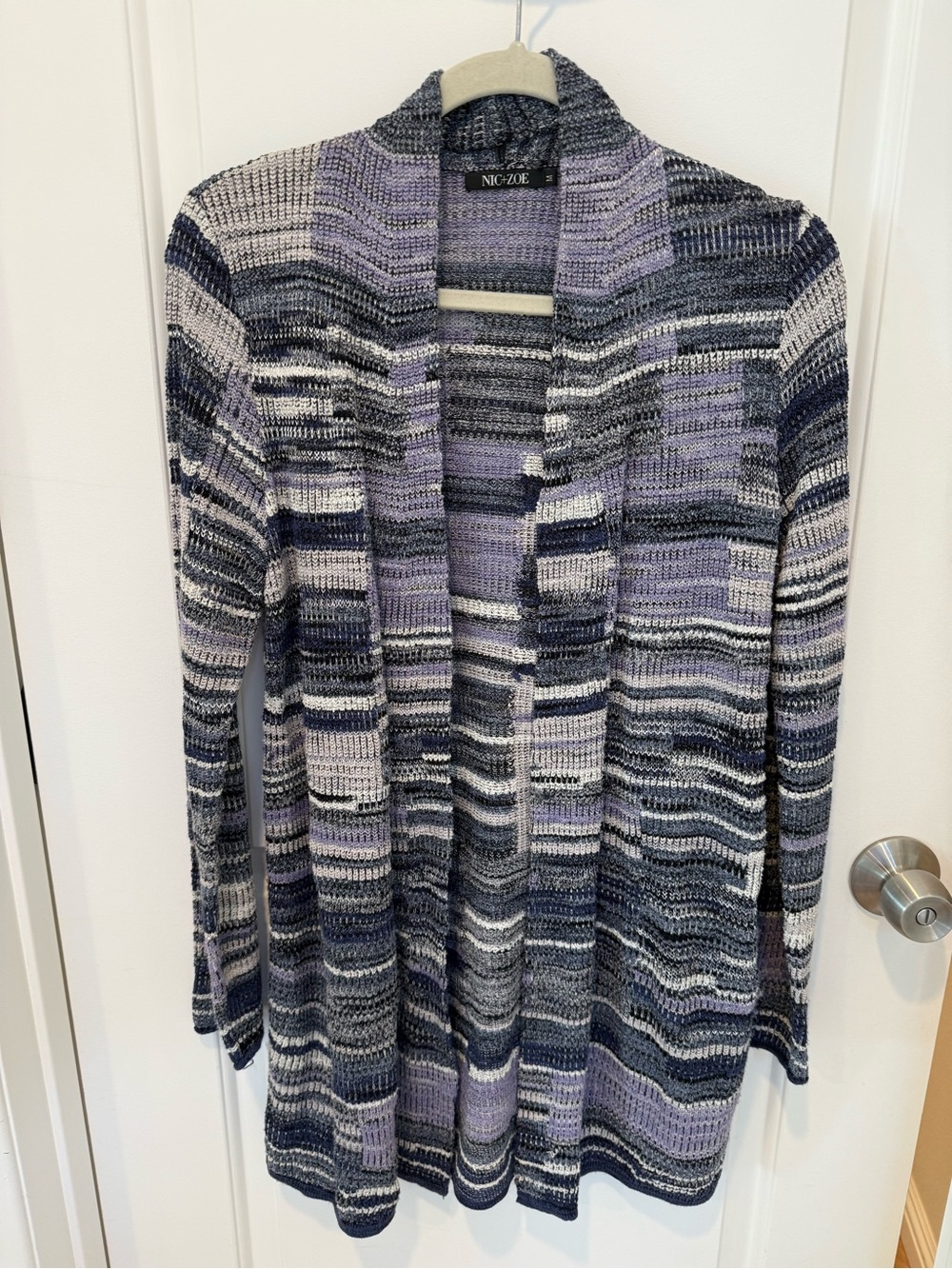 NIC+ZOE Open-Front Striped Knit Cardigan in Lavender, Gray, and Black